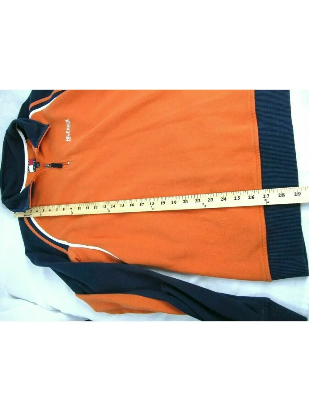 Tommy Hilfiger XL Orange Navy Blue Quarter Zip Fleece Pullover Sweatshirt 24x29